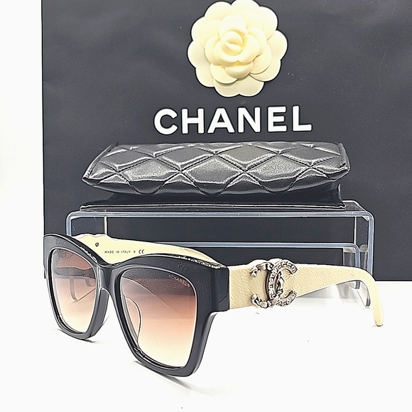 CHANEL CREAM AND BLACK SUNGLASSES CRYSTAL 5456QA C501S5 - Picture 2 of 12